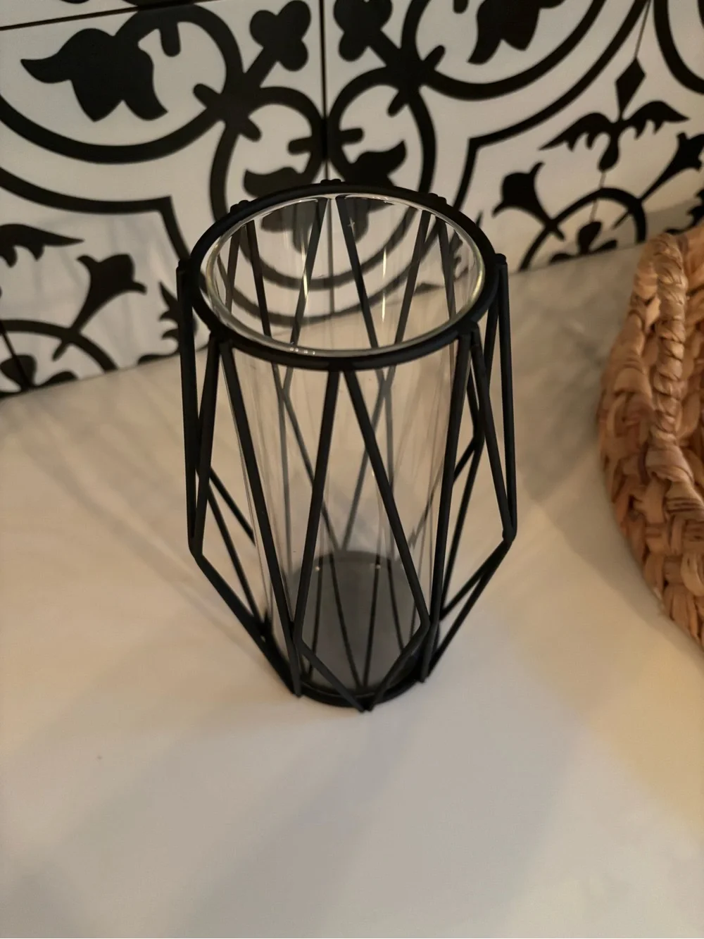 Black Wire Candle Holder or Vase with Inner Glass Removable Cylinder 8 x 4 1/2